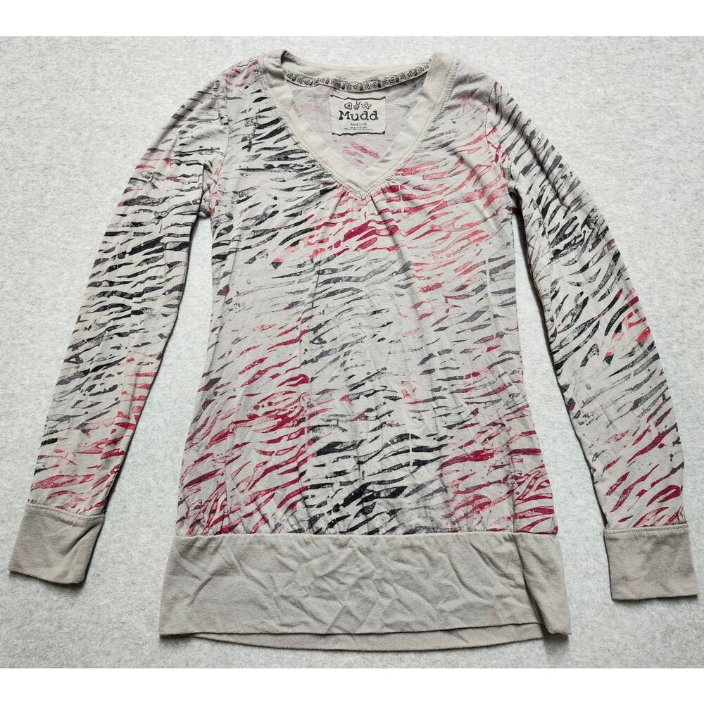 Mudd Zebra Print V Neck Tunic Top Womens Medium Pink Gray Long Sleeve